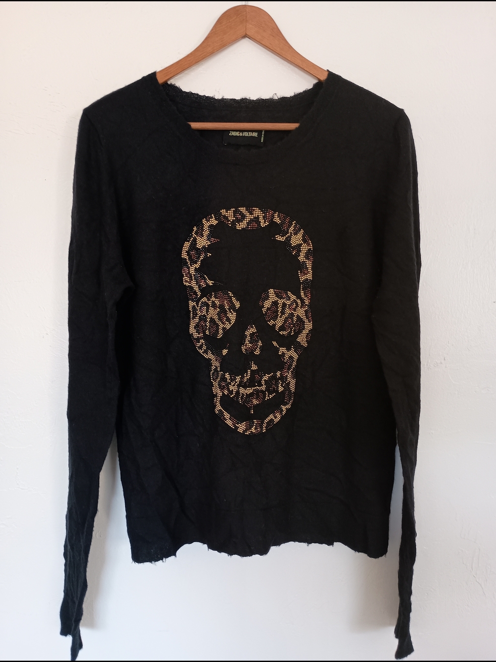 Zadig & Voltaire 100% Cashmere Lightweight Black Sweater Leopard Print Skull